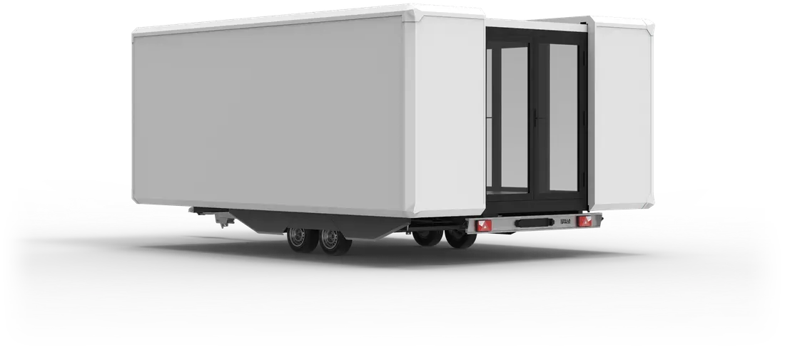 The module from the rear end, the two halves driving out, the doors of the body between them